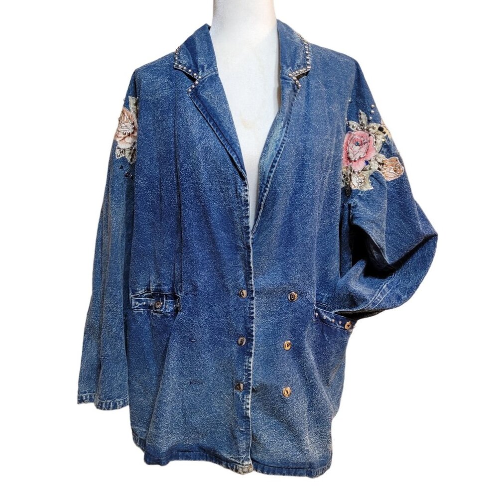 Vintage 80s Pret Womens Large Denim Blazer Double Breasted Button Front Bedazzle